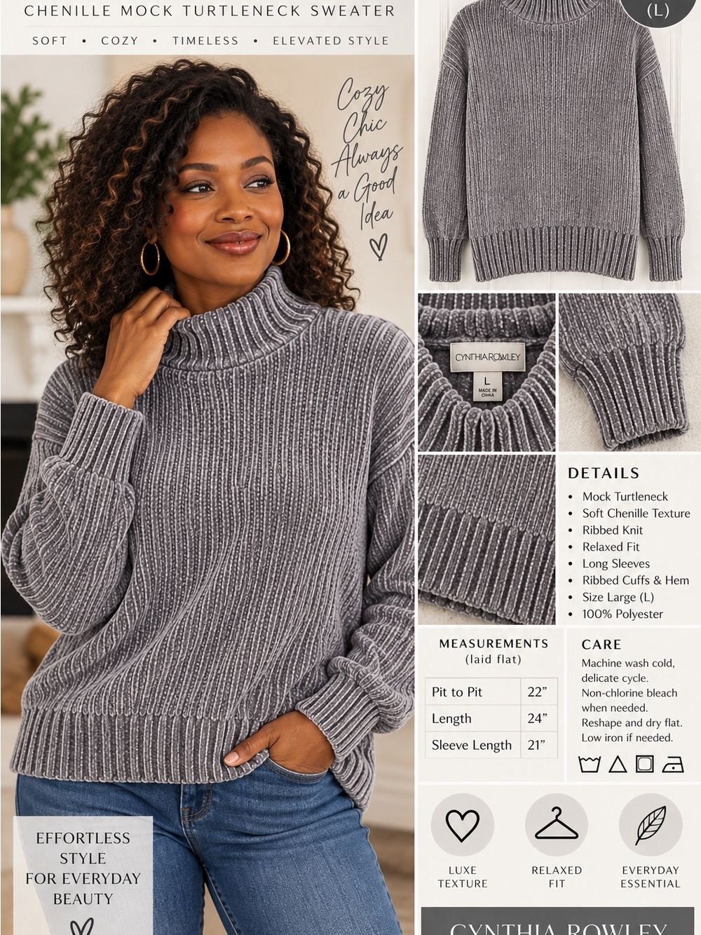 Cynthia Rowley Heather Gray Chenille Mock Turtleneck Sweater